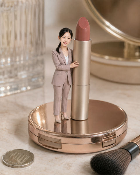 梳妆台上的微缩奇迹：粉灰西装小人与大口红 - AI图片提示词示例