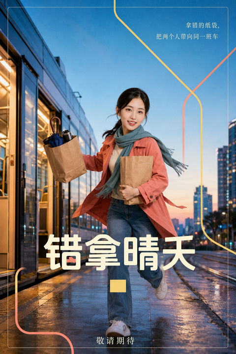错拿晴天：都市清晨的浪漫奔跑海报 - AI图片提示词示例
