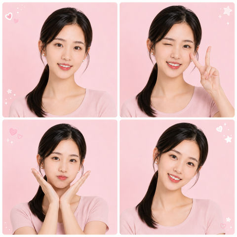 韩系粉嫩四格大头贴甜美成年少女 - AI图片提示词示例