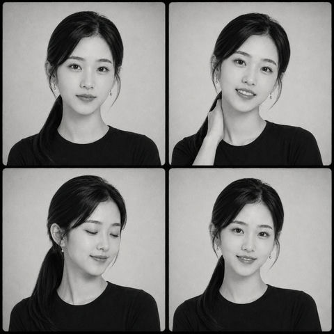 复古黑白四格照相亭成年女性组图 - AI图片提示词示例