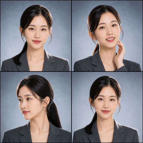 极简雾霾蓝四格拼贴成年女性高级感肖像 - AI图片提示词示例