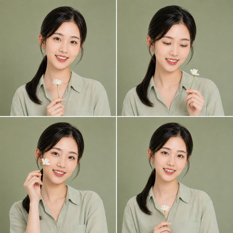 鼠尾草绿治愈系少女与白色小花的四格故事 - AI图片提示词示例