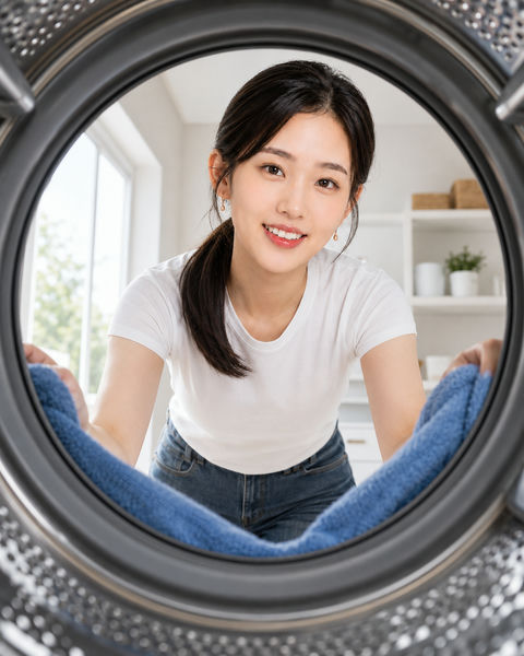 洗衣机滚筒视角下的清新居家生活人像 - AI图片提示词示例