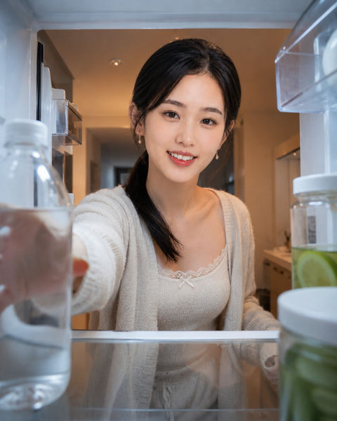 晨起微光冰箱视角的温馨生活瞬间 - AI图片提示词示例