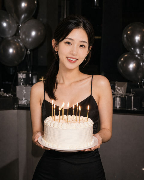 迷离深夜派对黑裙少女生日写真 - AI图片提示词示例