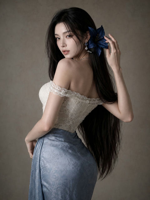 极简灰墙东亚女性蓝花时装人像 - AI图片提示词示例