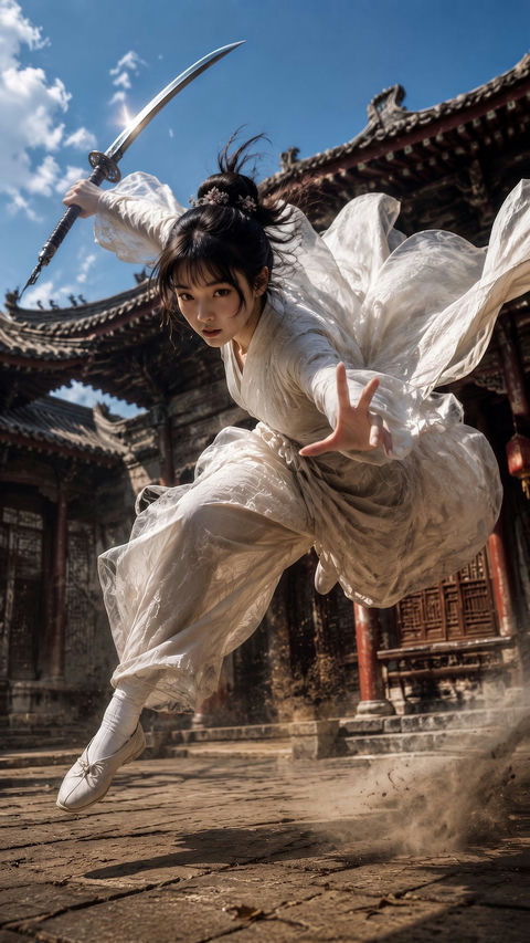 超写实中国武侠白衣女侠动作摄影 - AI图片提示词示例