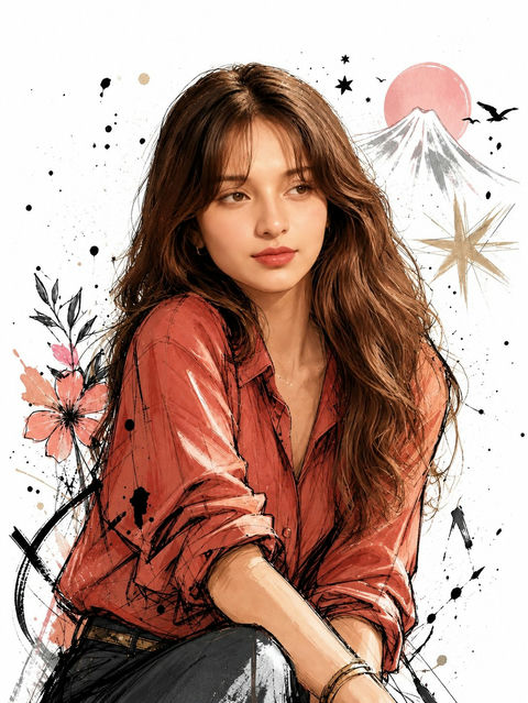 高细节水彩墨绘女性时尚插画人像 - AI图片提示词示例