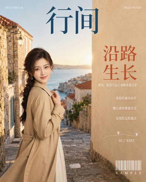 晨光海边旧城慢行杂志封面 - AI图片提示词示例