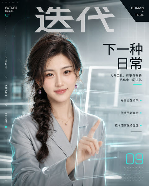 未来科技杂志封面：人机自然协作 - AI图片提示词示例