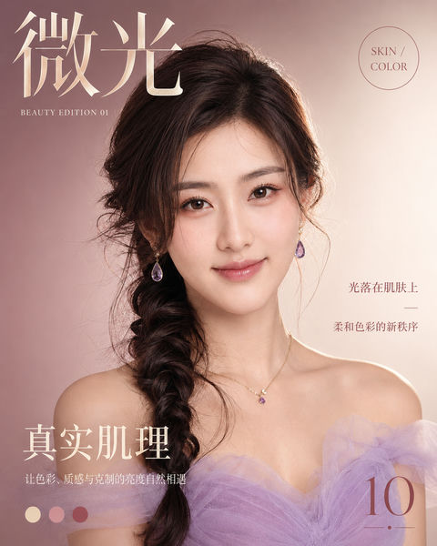 真实肌理：微光下的玫瑰色美容特刊封面 - AI图片提示词示例