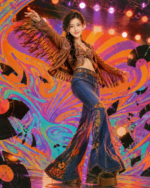 七十年代迷幻摇滚风格人像拼贴海报 - AI图片提示词示例