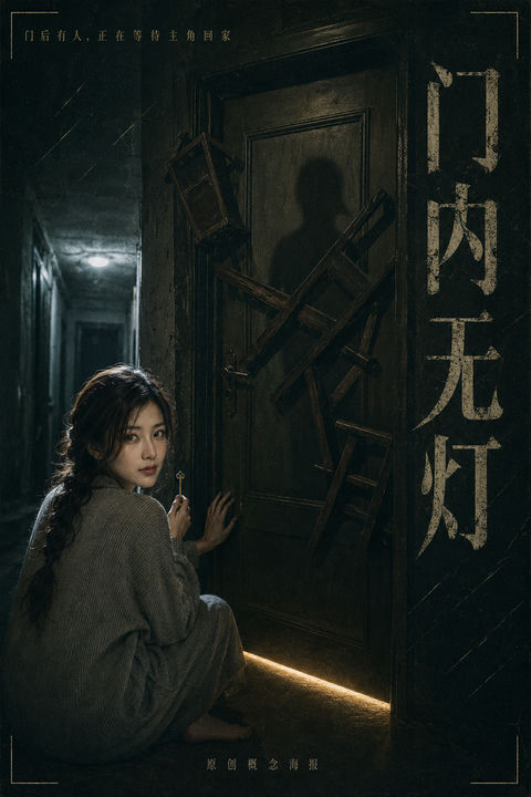门后有人：午夜公寓的惊悚叙事海报 - AI图片提示词示例