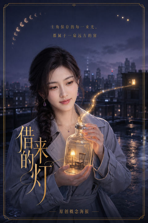 借来的灯：雨后天台的微光抉择 - AI图片提示词示例