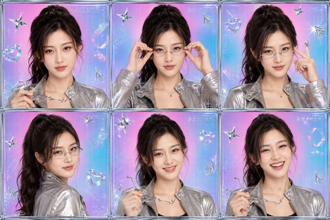 Y2K镀铬六格胶卷：眼镜少女的动感瞬间 - AI图片提示词示例