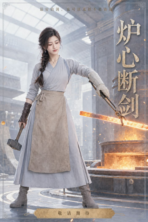 炉心断剑：武侠大片感铸剑师全身写真海报 - AI图片提示词示例