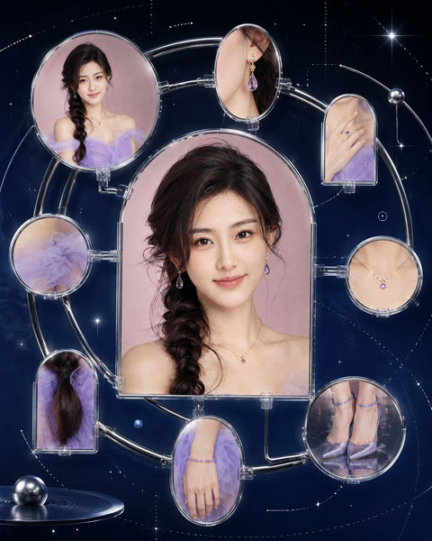 复古未来主义星轨人像拼贴构图 - AI图片提示词示例