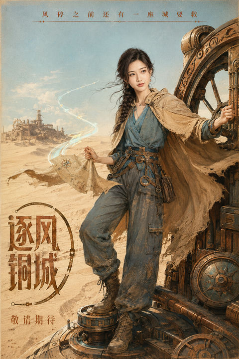 逐风铜城：东方机械荒原冒险海报 - AI图片提示词示例