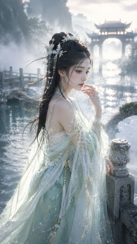 清晨寒潭石桥古风仙侠女子写真海报 - AI图片提示词示例
