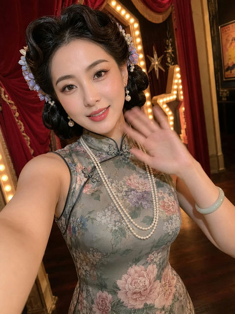 复古上海旗袍美女剧院自拍 - AI图片提示词示例