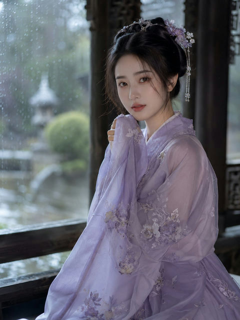 古风写实韩系淡颜美女雨窗摄影 - AI图片提示词示例