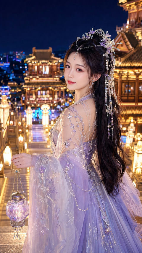 古风仙侠夜景女主写真精修海报 - AI图片提示词示例