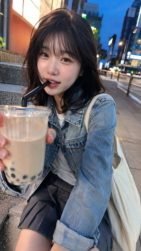 蓝调傍晚街头韩系女友随手拍 - AI图片提示词示例