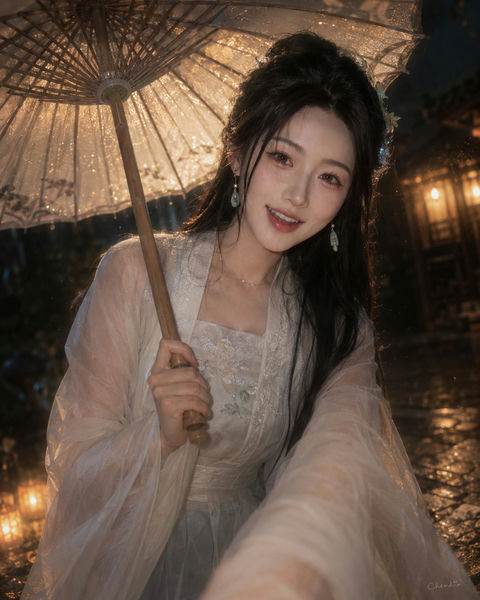 雨夜古风女友感近距离写真 - AI图片提示词示例