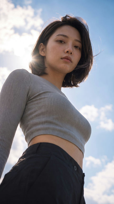 仰拍视角冷灰色针织衫黑色阔腿裤女性肖像 - AI图片提示词示例