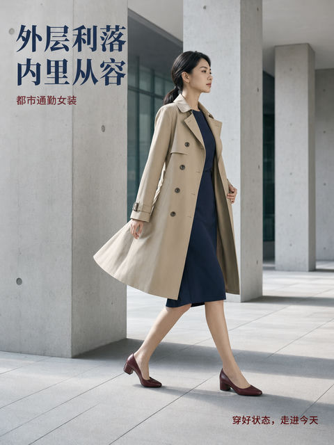 晨光办公连廊下的都市通勤女性海报 - AI图片提示词示例