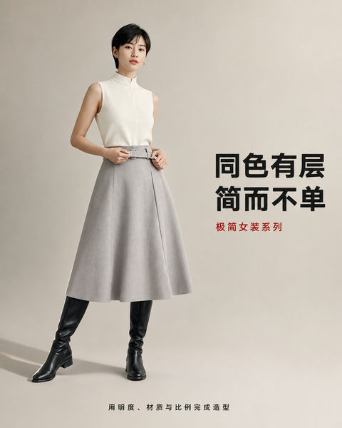 极简主义单色层级女装海报设计 - AI图片提示词示例