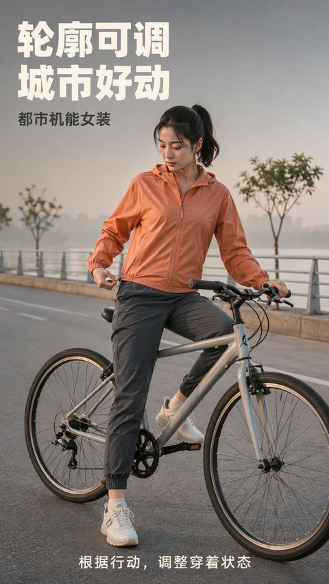 清晨滨河路上的机能美学：轮廓可调的都市穿行者 - AI图片提示词示例