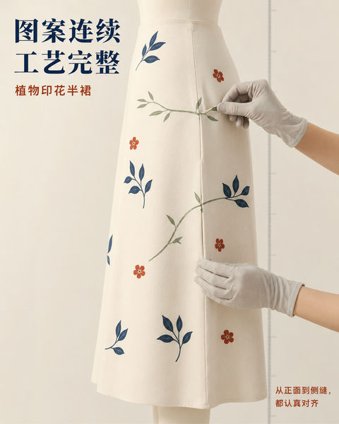 毫厘之间的严苛：植物印花裙工艺之美 - AI图片提示词示例