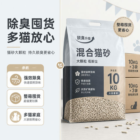 多猫家庭整箱囤货除味猫砂主图 - AI图片提示词示例