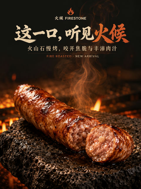 这一口听见火候：火山石烤肠新品发布海报 - AI图片提示词示例