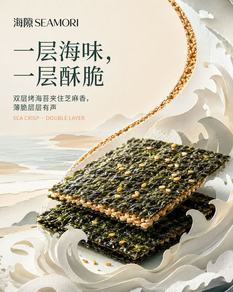 海隙品牌海苔脆清鲜纸雕风社媒封面 - AI图片提示词示例