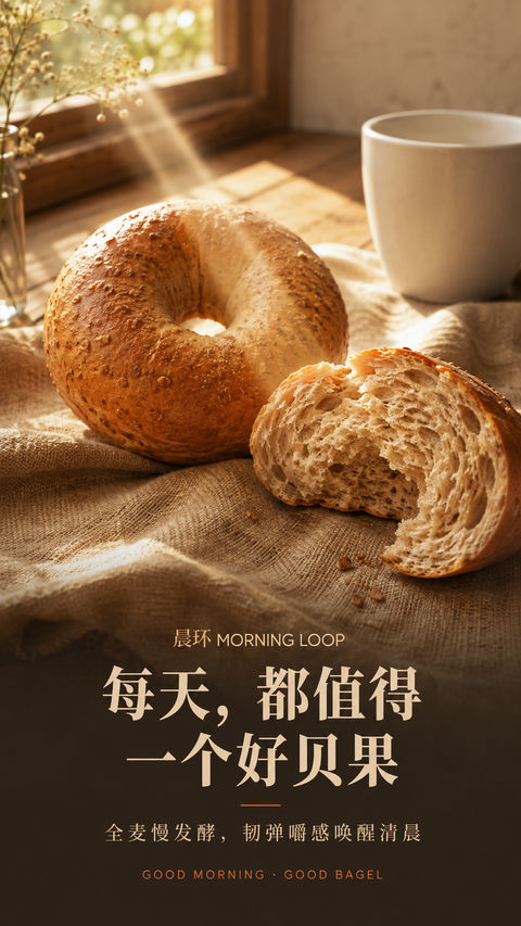 晨曦全麦贝果品牌开屏主视觉 - AI图片提示词示例