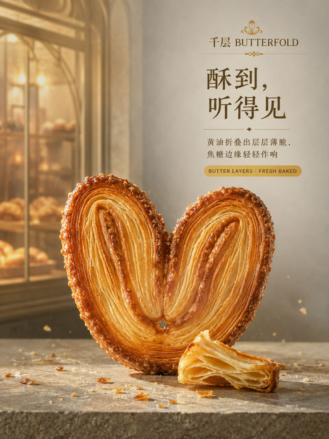 酥到听得见：高端法式千层蝴蝶酥品牌海报 - AI图片提示词示例