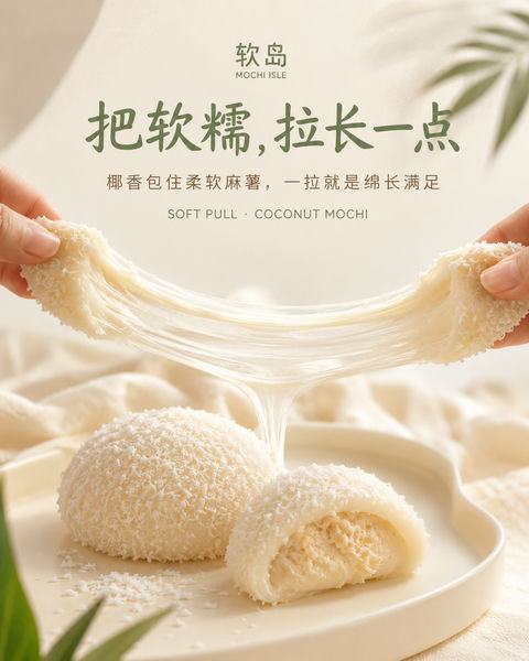 软岛椰香拉丝麻薯治愈系社媒封面 - AI图片提示词示例