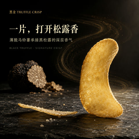 黑金诱惑：极致质感的松露薯片品牌海报 - AI图片提示词示例