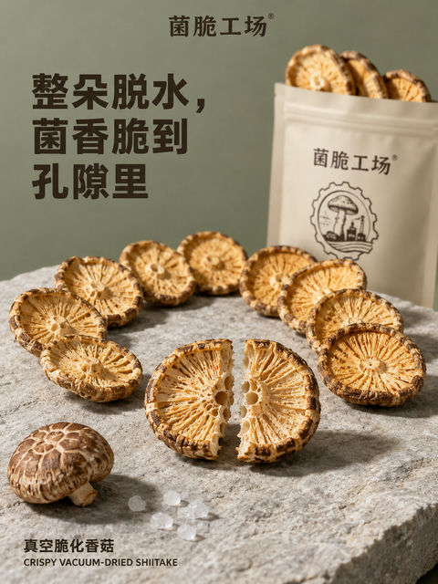 菌脆工场：真空脆化香菇微距细节海报 - AI图片提示词示例