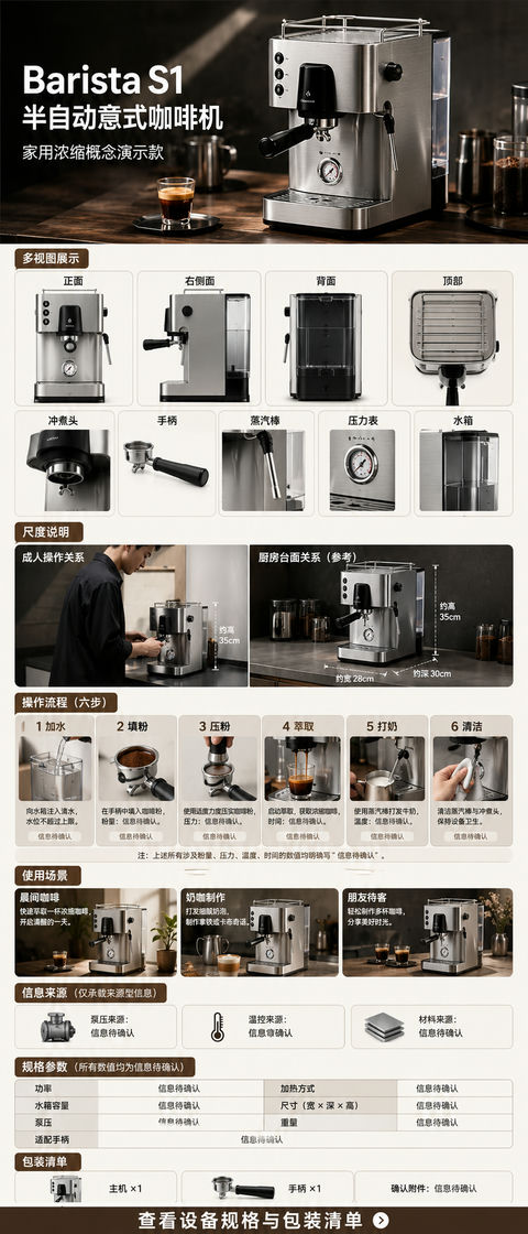 Barista S1 专业咖啡机移动端详情页全景展示 - AI图片提示词示例