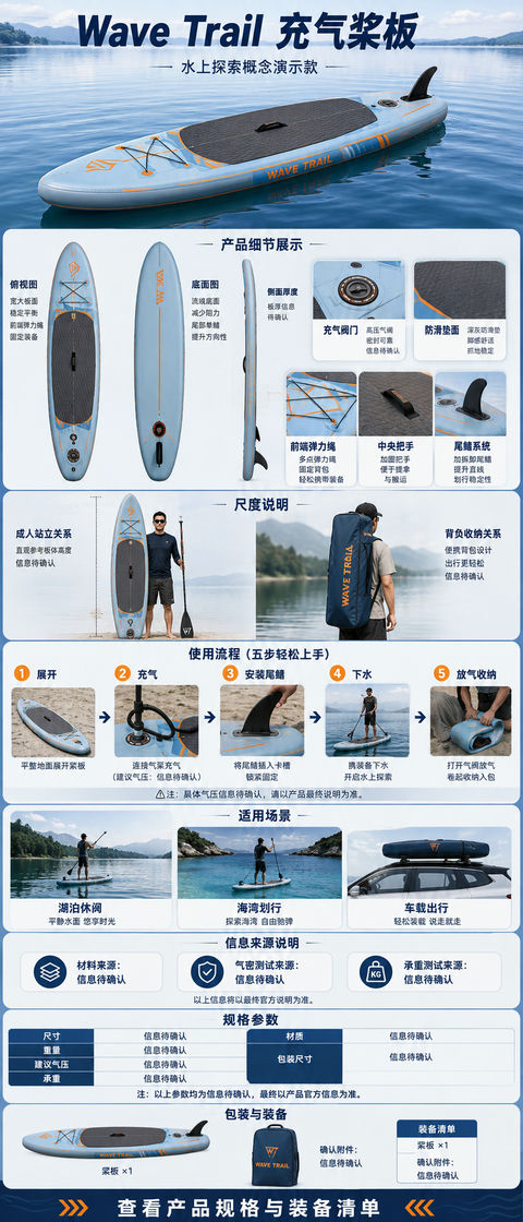 Wave Trail雾蓝系列充气桨板移动端详情页设计 - AI图片提示词示例