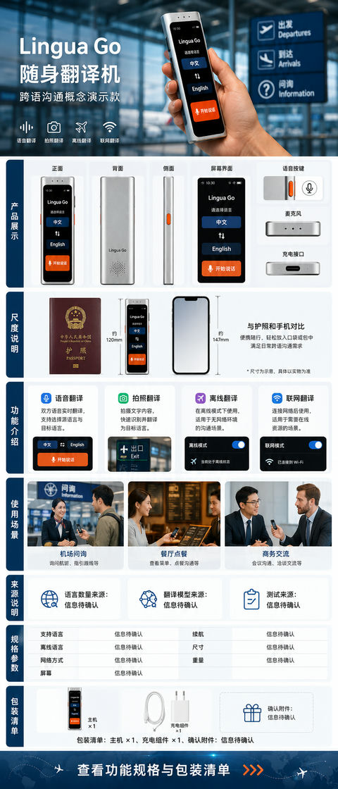 Lingua Go 翻译机：全球旅行必备详情页设计 - AI图片提示词示例