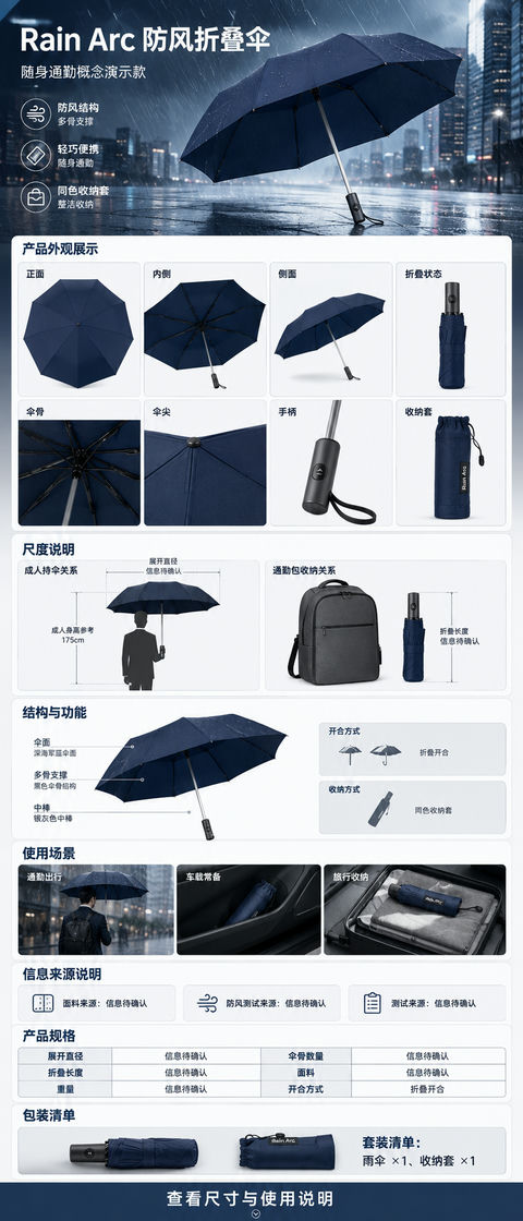 极简都市深海蓝RainArc折叠伞详情页 - AI图片提示词示例