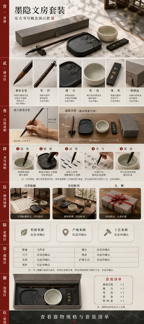 墨隐文房：当代东方美学书法套装详情页设计 - AI图片提示词示例