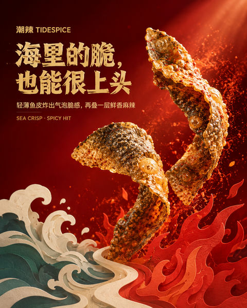 潮辣品牌视觉海味鱼皮鲜辣纸雕 KV - AI图片提示词示例