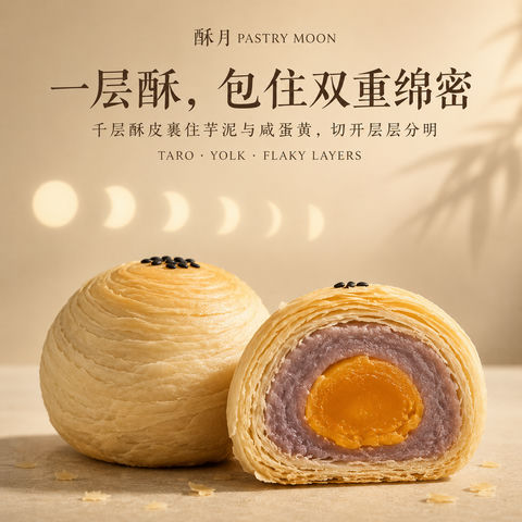 酥月品牌视觉：芋泥蛋黄酥层层分明之美 - AI图片提示词示例