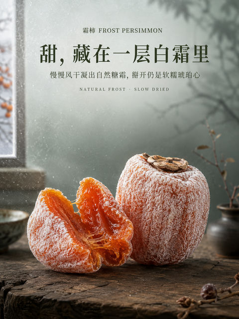 霜柿凝冬：传统挂霜柿饼品牌视觉海报 - AI图片提示词示例