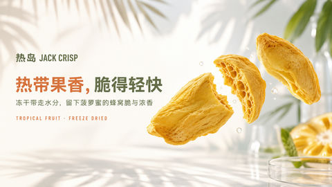 菠萝蜜冻干脆片品牌首屏失重感KV - AI图片提示词示例